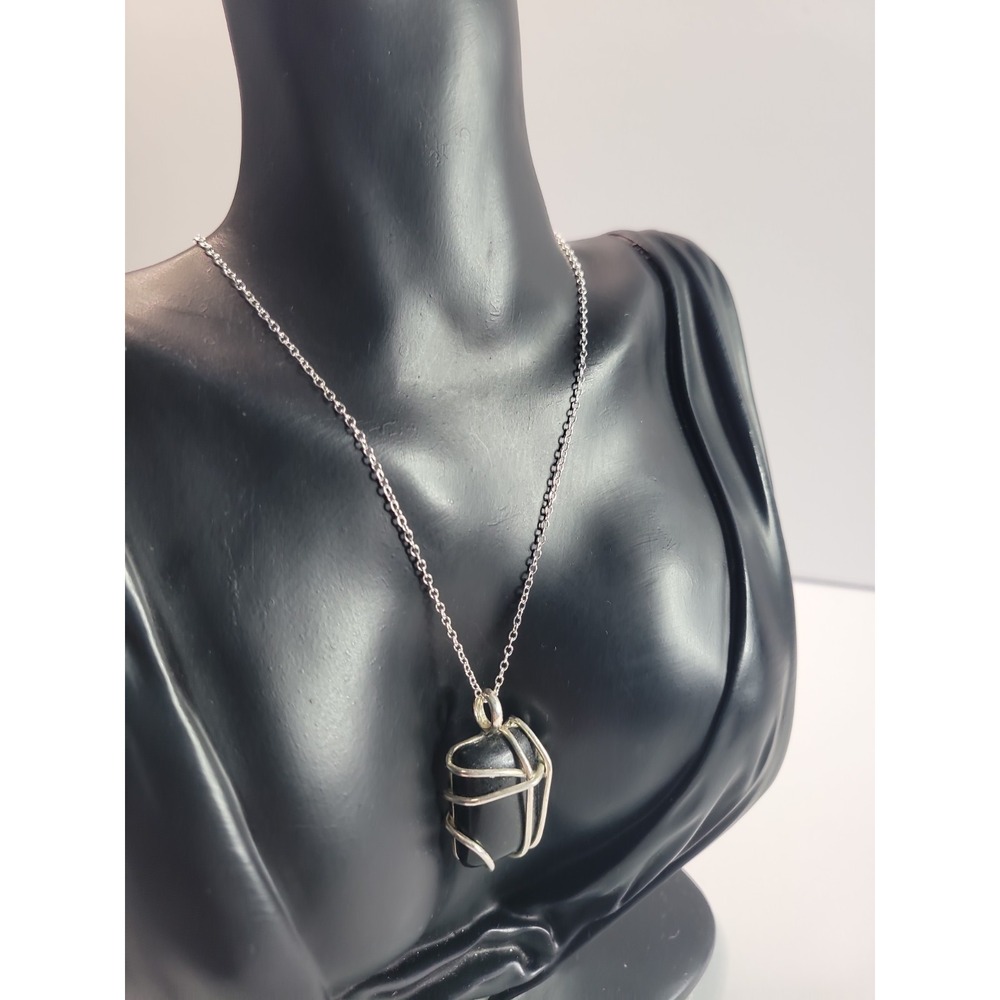 Black Rectangle Pendant Necklace Silver Tone Wire Wrapped Artisan Boho Jewelry